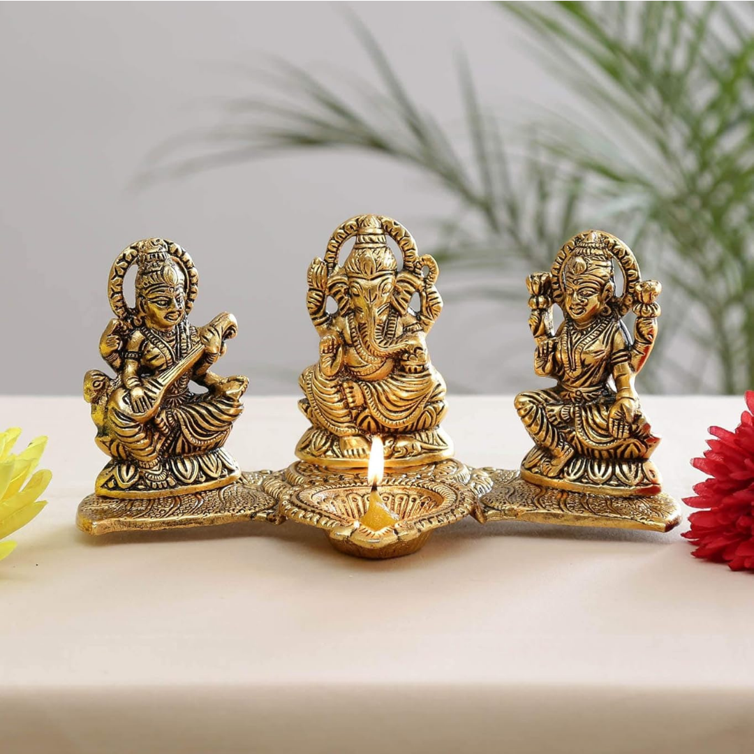 Lakshmi Ganesh Saraswati Idol with Diya (Diwali Special)